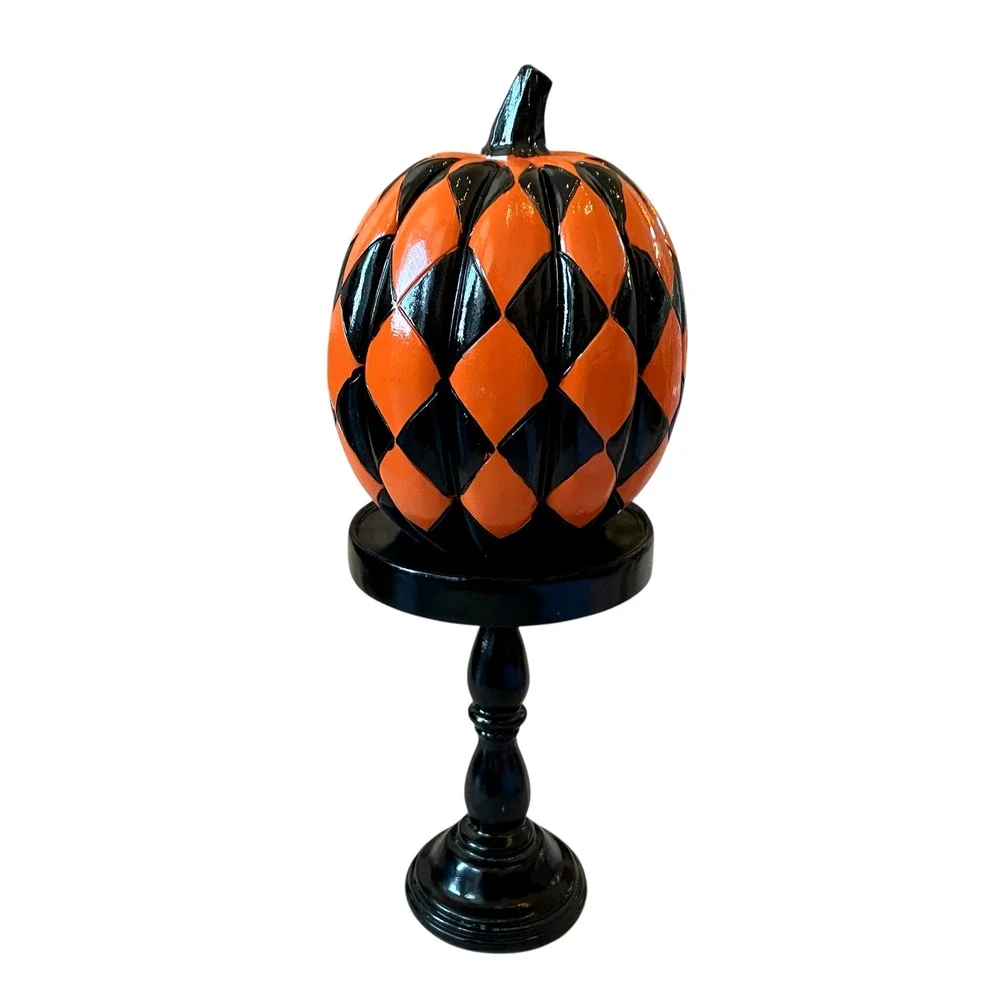 Black & Orange Checkered Pumpkin On Pedestal 13.5in Resin Halloween Decor NEW
